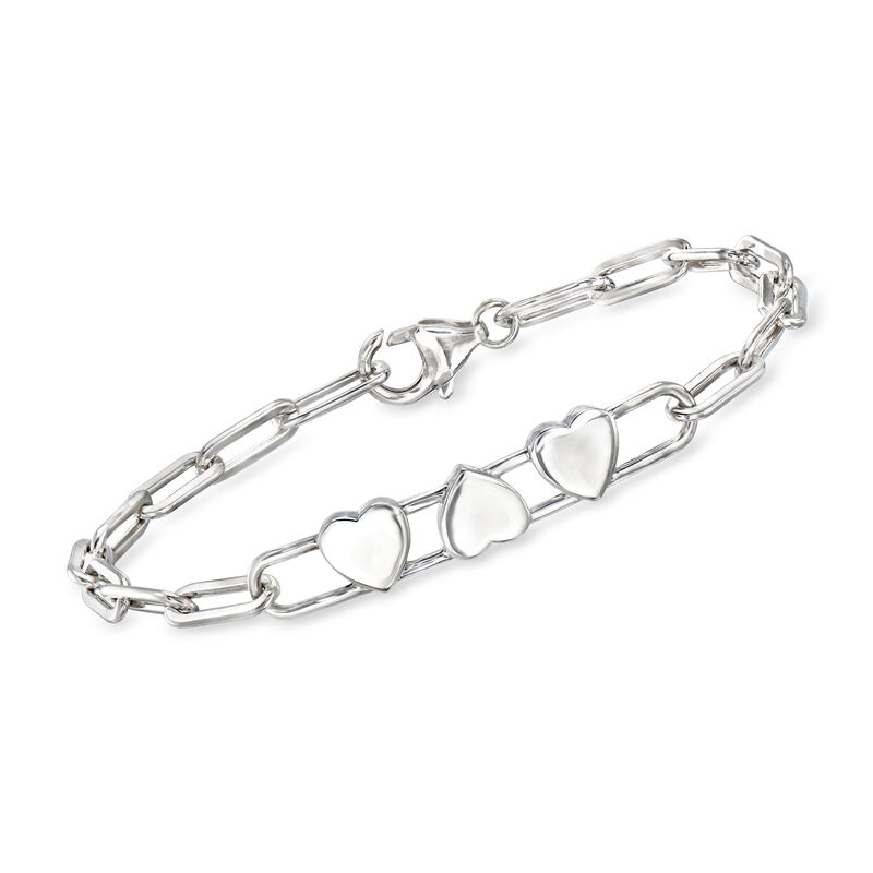 Zina Sterling Silver Heart Trio Paper Clip Link Bracelet. 7.5&quot; image number 0