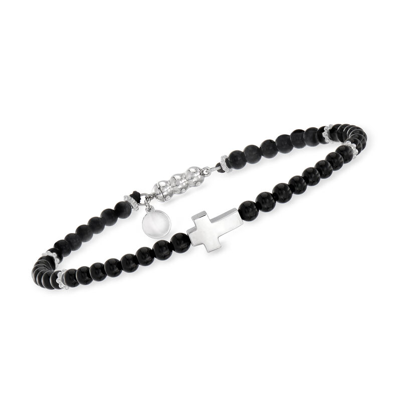 Gabriel Designs Men's Sterling Silver Cross and Black Onyx Bead Bracelet. 8&quot; image number 0
