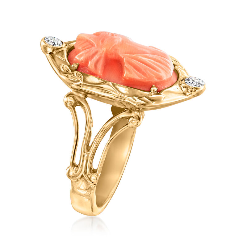 C. 1930 Vintage Red Coral Cameo Ring with .10 ct. t.w. Diamonds in 10kt Yellow Gold. Size 5.5 image number 2