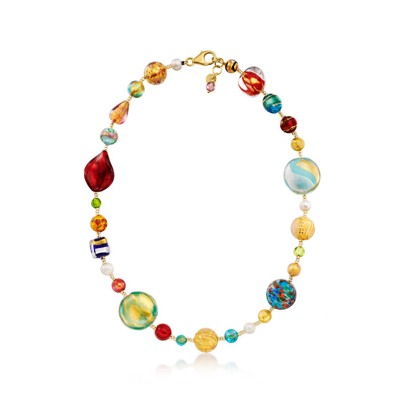 Italian Multicolored Murano Glass Bead and 7.5mm Cultured Pearl Necklace in 18kt Gold Over Sterling  image number 2