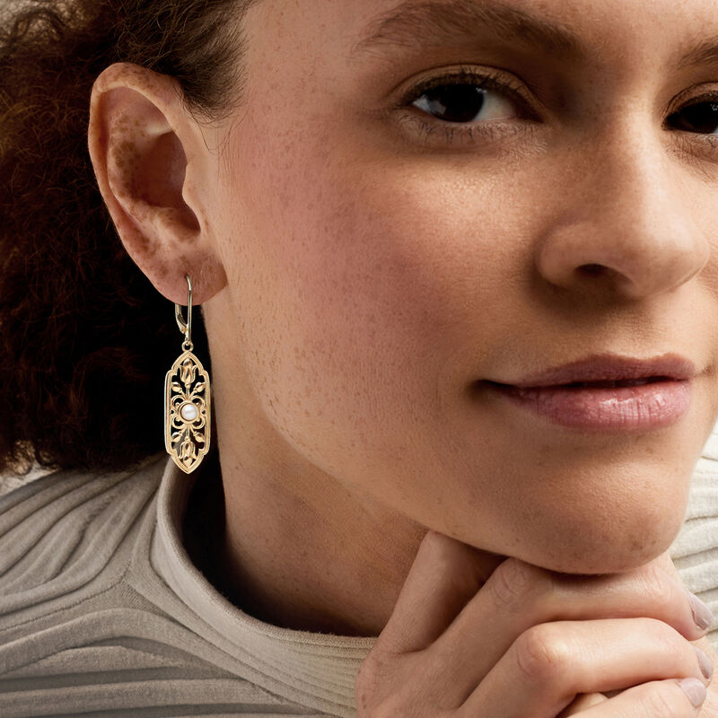 14kt Yellow Gold-Plated Floral Openwork Drop Earrings with 4mm Cultured Pearls image number 1
