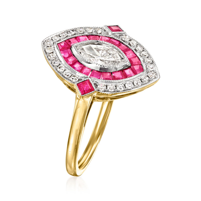 C. 1980 Vintage .91 ct. t.w. Diamond and .90 ct. t.w. Ruby Marquise-Shaped Ring in 14kt Yellow Gold image number 2