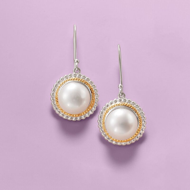 11mm Cultured Pearl Drop Earrings in 14kt Yellow Gold and Sterling Silver image number 2