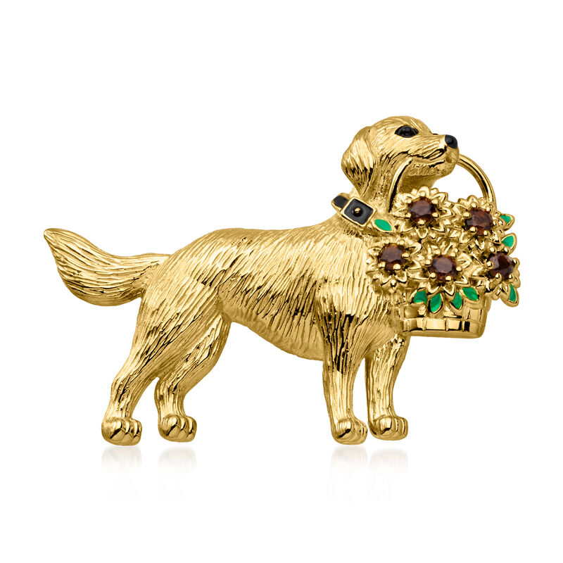 .70 ct. t.w. Smoky Quartz Golden Retriever and Flower Basket Pin with Enamel in 18kt Gold Over Sterling image number 1