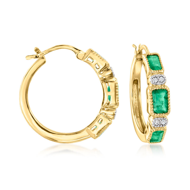 2.10 ct. t.w. Emerald and .13 ct. t.w. Diamond Hoop Earrings in 18kt Gold Over Sterling. 1" image number 0