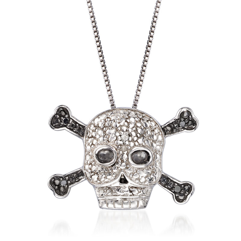 Black and White Diamond-Accented Skull and Crossbones Necklace in Sterling Silver. 18&quot; image number 1
