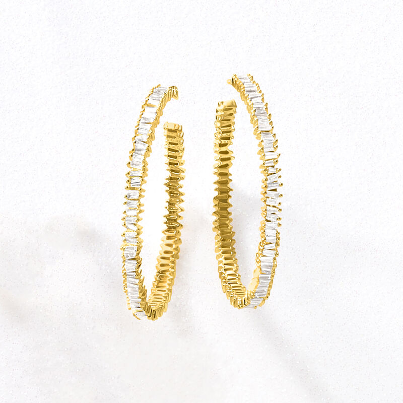 1.10 ct. t.w. Baguette Diamond Hoop Earrings in 14kt Yellow Gold. 1 1/2&quot; image number 2