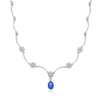 C. 1990 Vintage 1.90 Carat Sapphire and 1.88 ct. t.w. Diamond Scalloped Necklace in 18kt White Gold