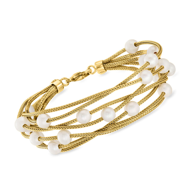 Italian 5-6mm Cultured Pearl Multi-Row Station Bracelet in 18kt Gold Over Sterling image number 0