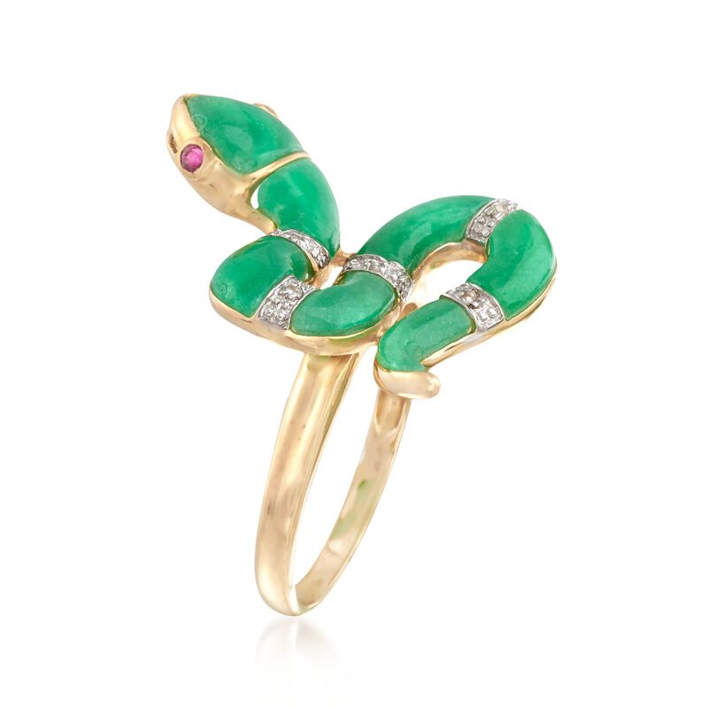Green Jade Snake Ring with Diamond and Ruby Accents in 14kt Yellow Gold image number 2