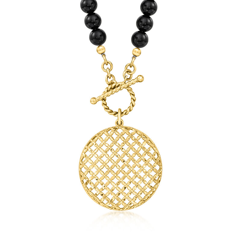 6mm Onyx Bead and 18kt Gold Over Sterling Crisscross Medallion Toggle Necklace image number 0