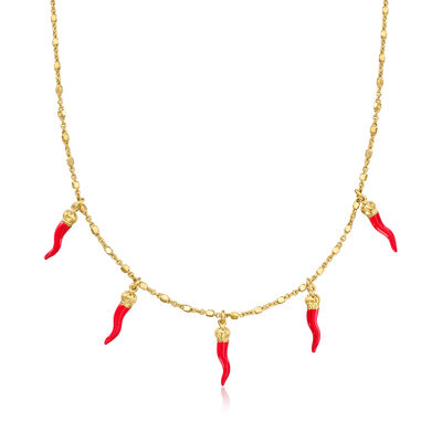 Red Enamel Italian Horn Station Necklace in 18kt Gold Over Sterling