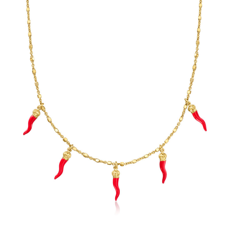 Red Enamel Italian Horn Station Necklace in 18kt Gold Over Sterling. 16" image number 0