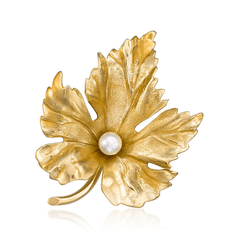 C. 1980 Vintage 5mm Cultured Pearl Leaf Pin in 14kt Yellow Gold image number 0