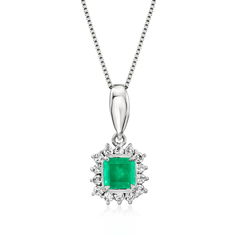 C. 1990 Vintage .51 Carat Emerald and .18 ct. t.w. Diamond Pendant Necklace in Platinum  image number 0