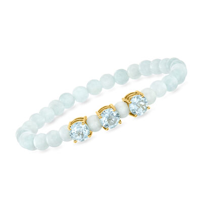 40.00 ct. t.w. Milky Aquamarine Bead Stretch Bracelet with 4.80 ct. t.w. Sky Blue Topaz in 18kt Gold Over Sterling