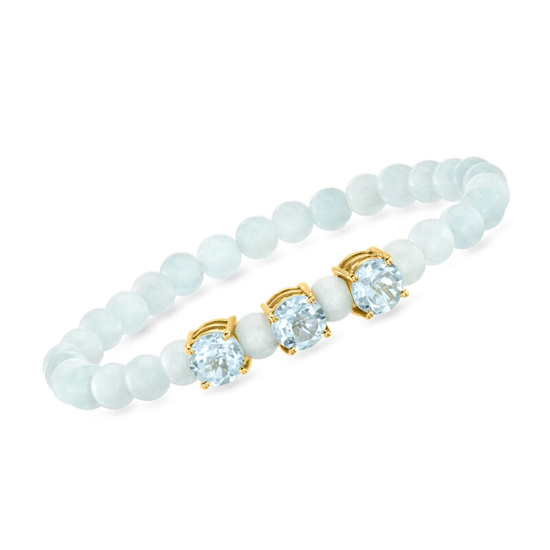 40.00 ct. t.w. Milky Aquamarine Bead Stretch Bracelet with 4.80 ct. t.w. Sky Blue Topaz in 18kt Gold Over Sterling image number 0