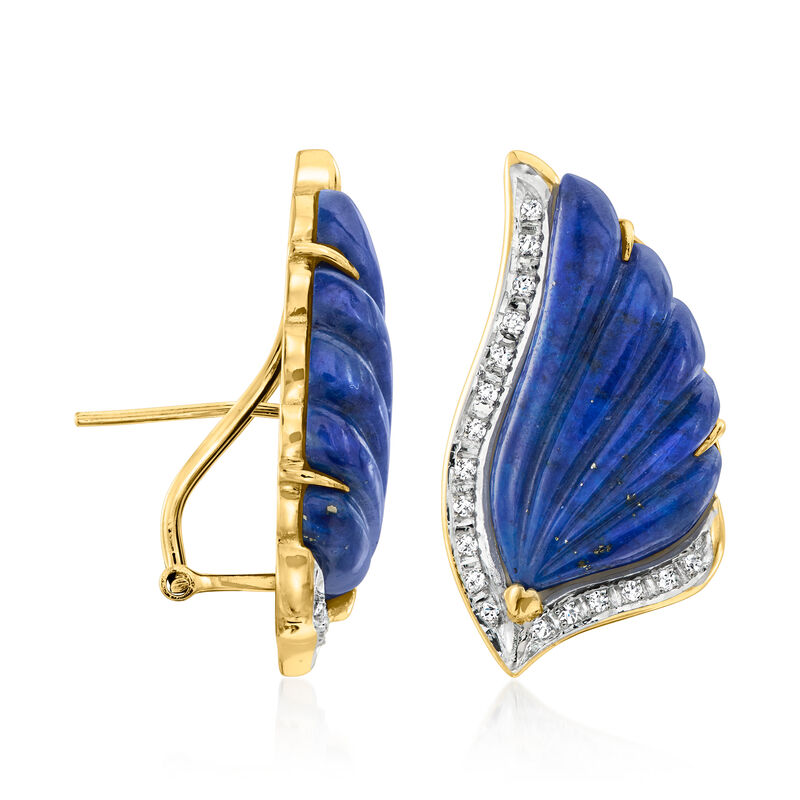 C. 1980 Vintage Carved Lapis and .36 ct. t.w. Diamond Wing Earrings in 14kt Yellow Gold image number 2