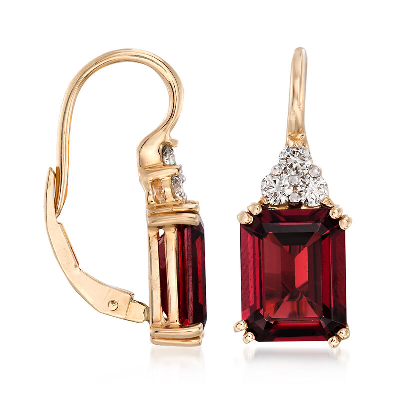 6.25 ct. t.w. Garnet and .38 ct. t.w. Diamond Drop Earrings in 14kt Yellow Gold image number 1