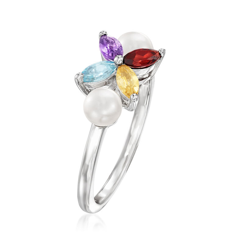 4.5-5mm Cultured Pearl and .38 ct. t.w. Multi-Gemstone Ring in Sterling Silver image number 2