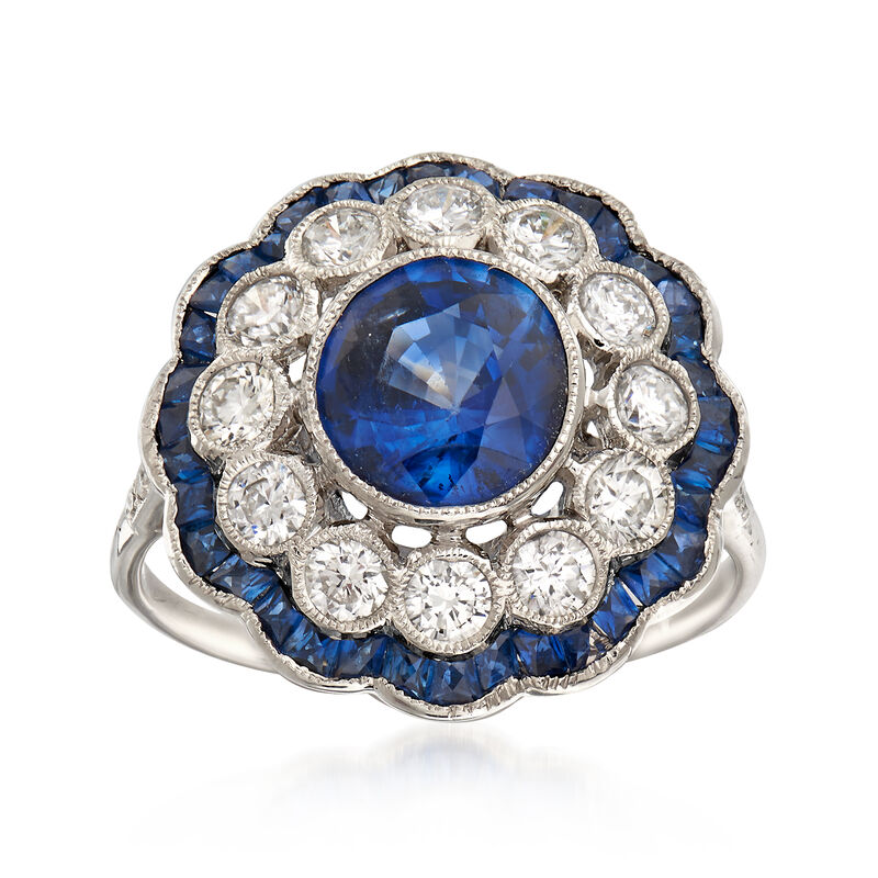 3.08 ct. t.w. Sapphire and .80 ct. t.w. Diamond Cluster Ring in 18kt White Gold. Size 6.5 image number 0