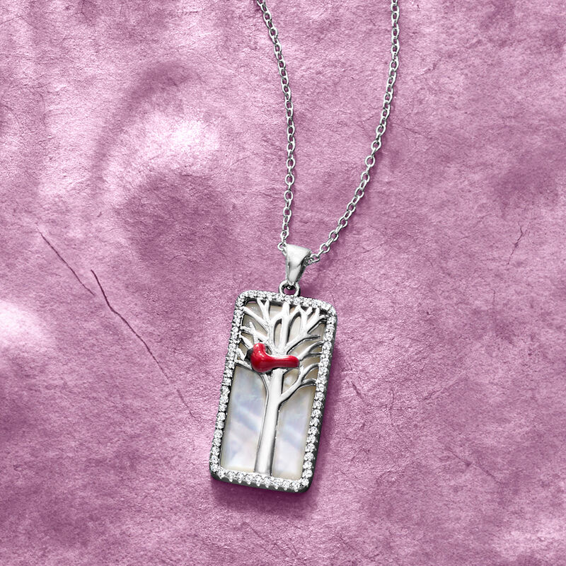 Mother-of-Pearl and .30 ct. t.w. White Topaz Cardinal Pendant Necklace with Multicolored Enamel in Sterling Silver image number 5
