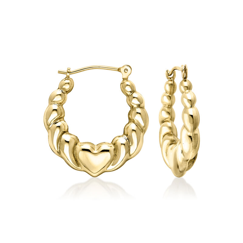 C. 1990 Vintage 14kt Yellow Gold Heart Hoop Earrings. 7/8" image number 0