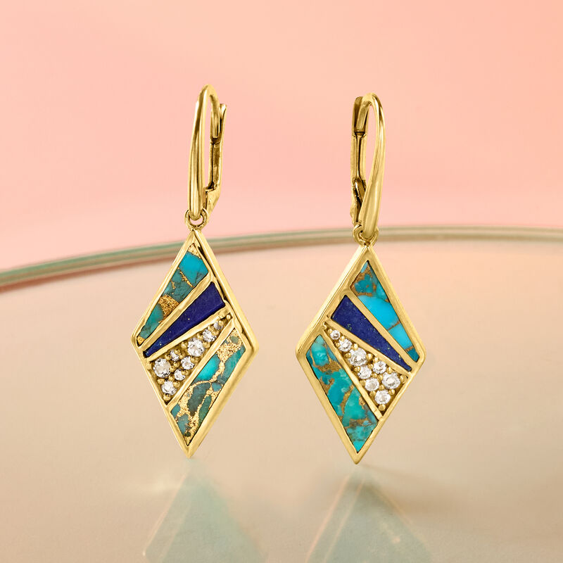 Turquoise, Lapis and .30 ct. t.w. White Topaz Geometric Drop Earrings in 18kt Gold Over Sterling  image number 3