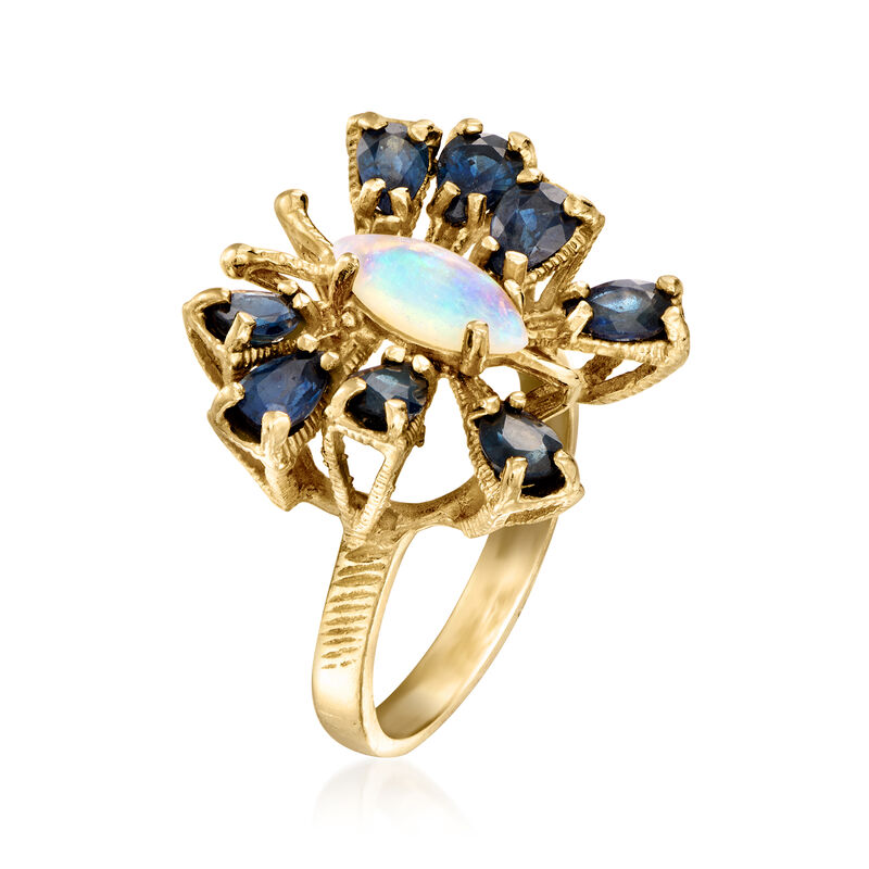 C. 1970 Vintage Opal and 1.60 ct. t.w. Sapphire Butterfly Ring in 14kt Yellow Gold. Size 6 image number 2