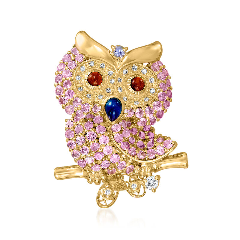 C. 2000 Vintage 2.32 ct. t.w. Multi-Gemstone and .15 ct. t.w. Diamond Owl Pendant Necklace in 18kt Yellow Gold. 16&quot; image number 2