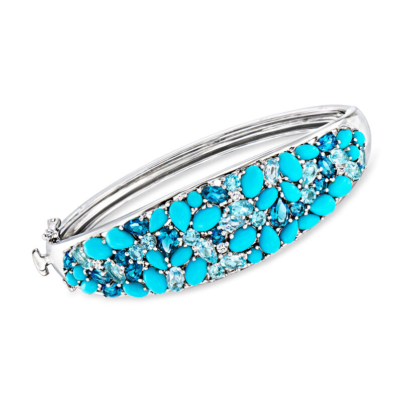 Turquoise and 8.90 ct. t.w. Tonal Blue Topaz Bangle Bracelet with White Zircons in Sterling Silver image number 0