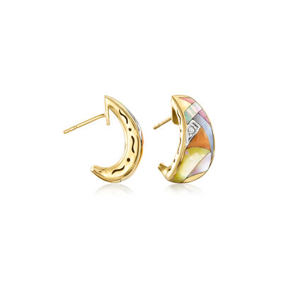 C. 1980 Vintage Asch Grossbardt Multi-Gemstone Inlay Curved Earrings in 14kt Yellow Gold