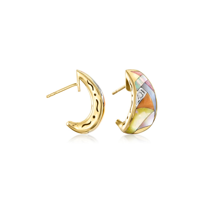 C. 1980 Vintage Asch Grossbardt Multi-Gemstone Inlay Curved Earrings in 14kt Yellow Gold  image number 0