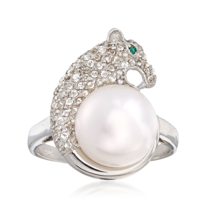 10-11mm Cultured Pearl and 1.00 ct. t.w. White Topaz Panther Ring in Sterling Silver image number 0
