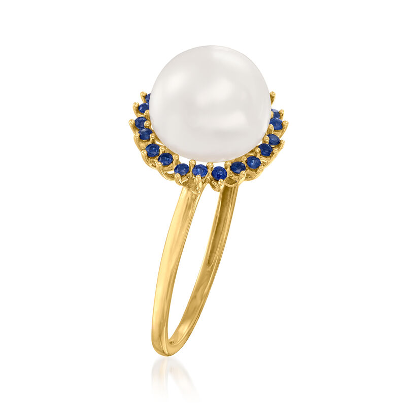 9-9.5mm Cultured Pearl and .20 ct. t.w. Sapphire Halo Ring in 14kt Yellow Gold image number 2