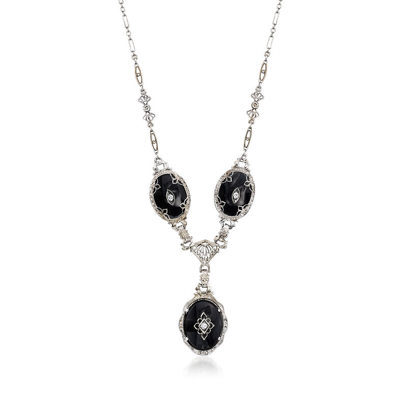 C. 1960 Vintage Onyx and .10 ct. t.w. Diamond Fancy-Link Necklace in 14kt White Gold. 18&quot; image number 0