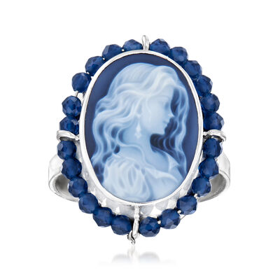 Italian Blue Agate Cameo Ring with 1.32 ct. t.w. Blue Spinel in Sterling Silver