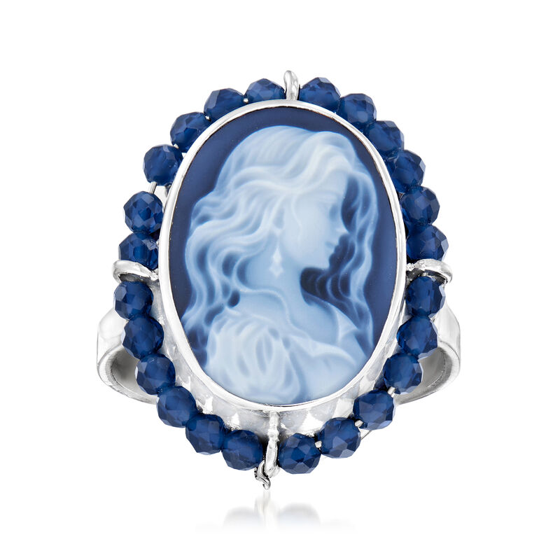 Italian Blue Agate Cameo Ring with 1.32 ct. t.w. Blue Spinel in Sterling Silver image number 0