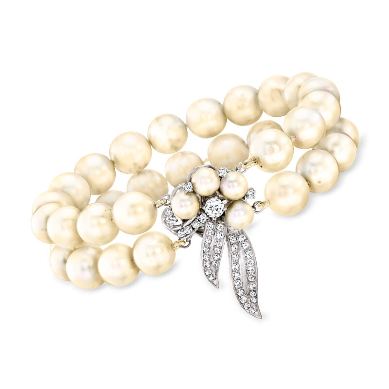 C. 1960 Vintage 6-9mm Cultured Pearl Two-Row Bracelet with 1.30 ct. t.w. Diamonds in 14kt White Gold. 7" image number 0