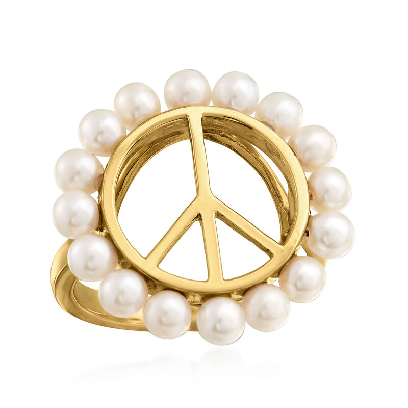 3.5mm Cultured Pearl Peace Sign Ring in 18kt Gold Over Sterling image number 3