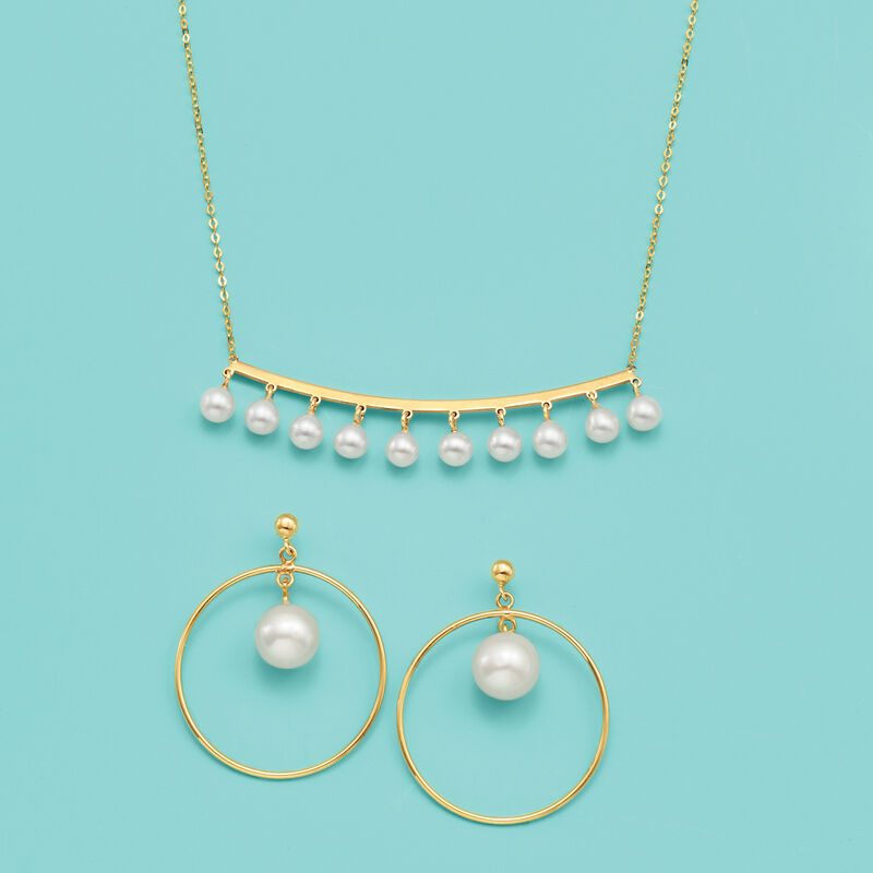 Italian 8-8.5mm Cultured Pearl Drop and Hoop Earrings in 14kt Yellow Gold. 1 1/4&quot; image number 2