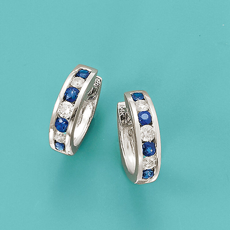 .80 ct. t.w. Sapphire and .40 ct. t.w. Diamond Hoop Earrings in 14kt White Gold. 1/2&quot; image number 2