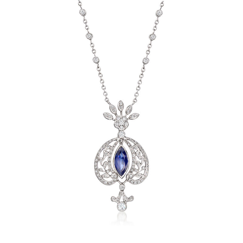C. 1980 Vintage 2.10 Carat Sapphire and 1.00 ct. t.w. Diamond Drop Necklace in 18kt White Gold. 18.5" image number 0