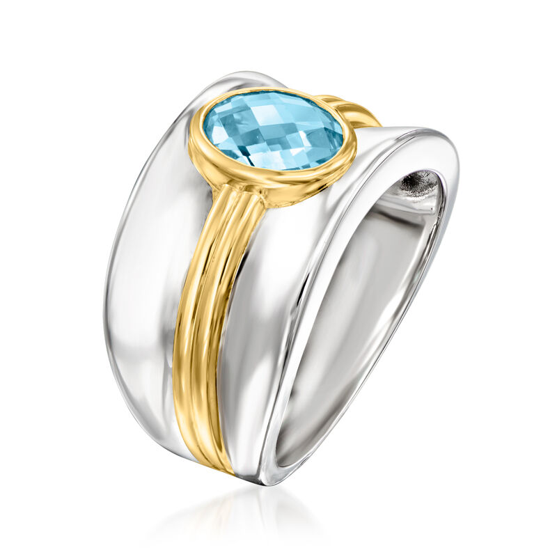 1.20 Carat Swiss Blue Topaz Ring in Sterling Silver and 18kt Gold Over Sterling image number 2