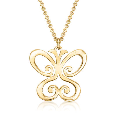 C. 1990 Vintage 14kt Yellow Gold Openwork Butterfly Pendant Necklace