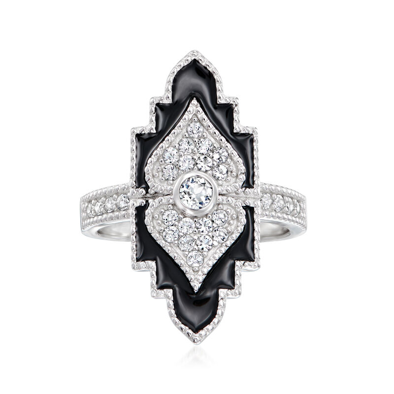 .60 ct. t.w. White Topaz and Black Enamel Art Deco-Inspired Ring in Sterling Silver image number 0