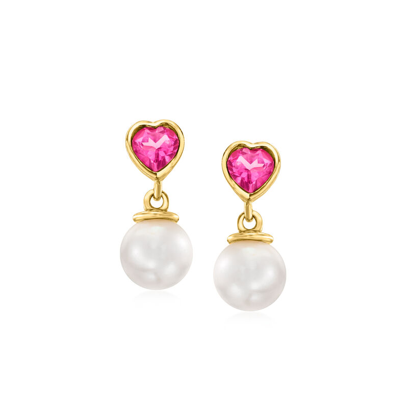 7.5-8mm Cultured Pearl and 1.00 ct. t.w. Pink Topaz Heart Drop Earrings in 18kt Gold Over Sterling image number 0