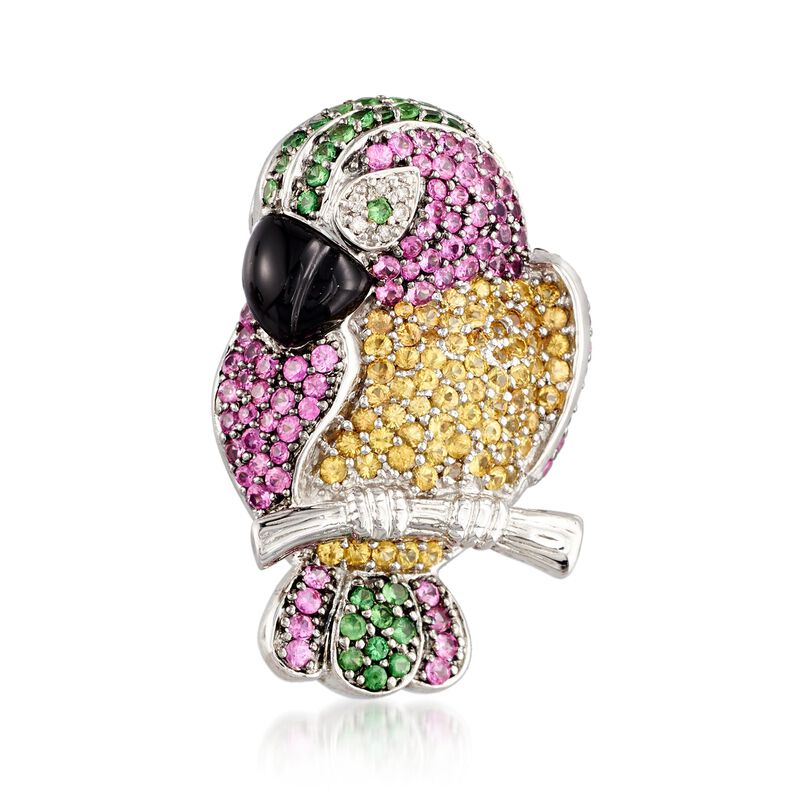 C. 1990 Vintage Black Onyx and 4.10 ct. t.w. Multi-Stone Parrot Pin with Diamonds in 18kt White Gold image number 0