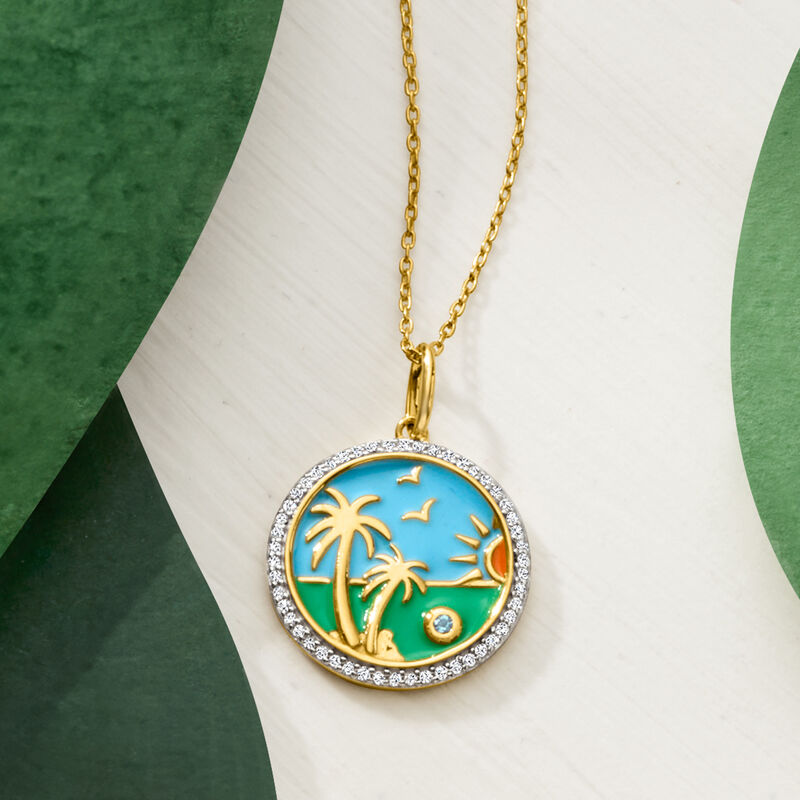 .30 ct. t.w. White Topaz Beach Pendant Necklace with Multicolored Enamel and Swiss Blue Topaz in 18kt Gold Over Sterling. 18&quot; image number 3