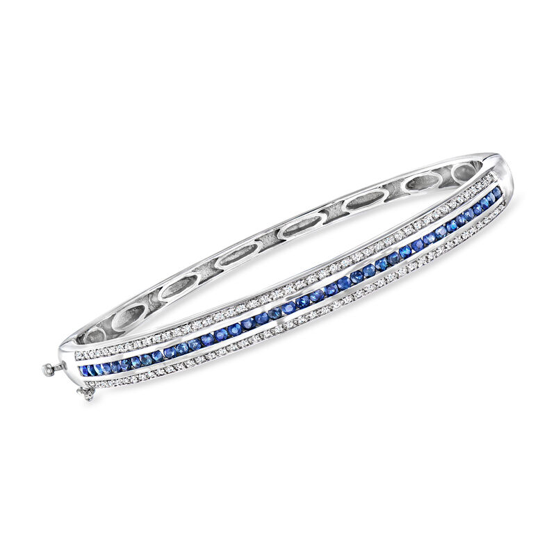 1.40 ct. t.w. Sapphire and .90 ct. t.w. White Zircon Bangle Bracelet in Sterling Silver. 7.5&quot; image number 0